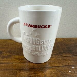 STARBUCKS 2010 Embossed Holiday WISHING White Coffee Mug Cup Red Logo 10 Ounce